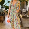 Multi Floral Print V Neck Belted Jumpsuit