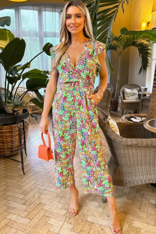 Multi Floral Print V Neck Belted Jumpsuit