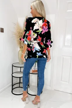 Multi Floral Printed Frill Hem Wrap Top