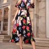 Multi Floral Printed Short Sleeve Belted Wrap Midi Dress
