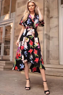 Multi Floral Printed Short Sleeve Belted Wrap Midi Dress