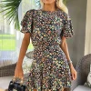 Multi Floral Printed Short Sleeve Mini Skater Dress
