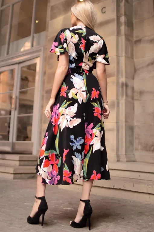 Multi Floral Printed Short Sleeve Belted Wrap Midi Dress