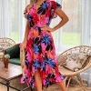 Multi Floral Printed Wrap Over Top Frill Hem Midi Dress