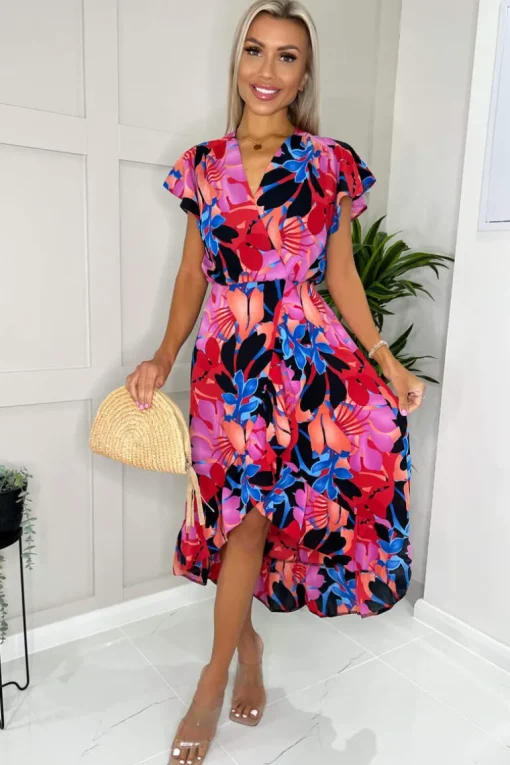 Multi Floral Printed Wrap Over Top Frill Hem Midi Dress