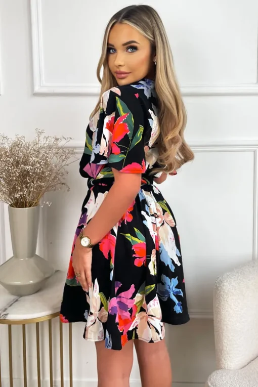Multi Floral Printed Wrap Over Belted Skater Dress