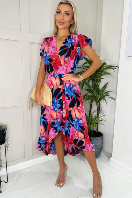 Multi Floral Printed Wrap Over Top Frill Hem Midi Dress