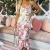 Multi Floral Satin Ruffle Midi Dress