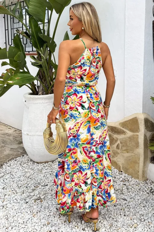 Multi Garden Print Racer Neck Frill Hem Midi Dress