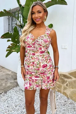 Multi Garden Print Ruffled Strap Ruched Mini Dress