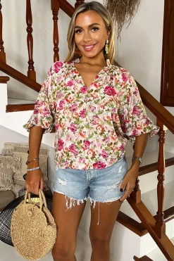 Multi Garden Print V-Neck 3/4 Sleeve Top