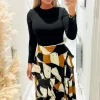 Multi Geometric Print 2 in 1 Long Sleeve Double Frill Split Midi Dress
