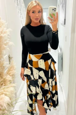 Multi Geometric Print 2 in 1 Long Sleeve Double Frill Split Midi Dress