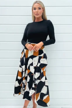 Multi Geometric Print 2 in 1 Long Sleeve Double Frill Split Midi Dress
