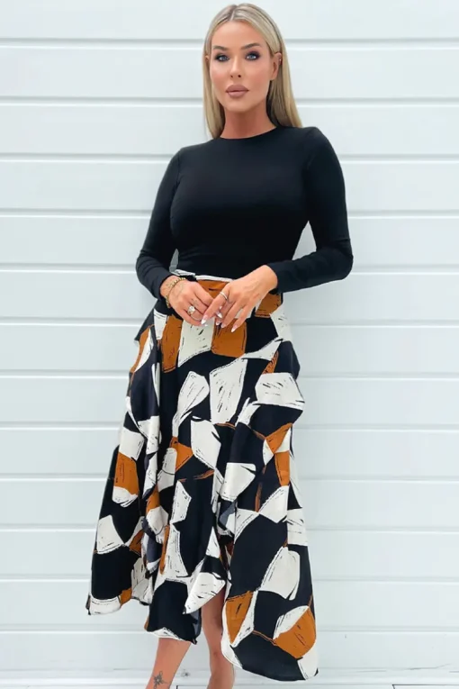 Multi Geometric Print 2 in 1 Long Sleeve Double Frill Split Midi Dress