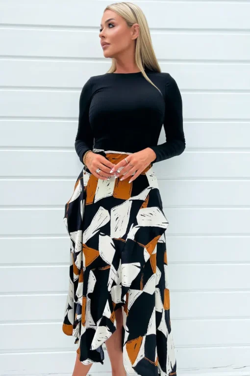 Multi Geometric Print 2 in 1 Long Sleeve Double Frill Split Midi Dress