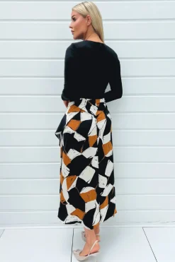 Multi Geometric Print 2 in 1 Long Sleeve Double Frill Split Midi Dress