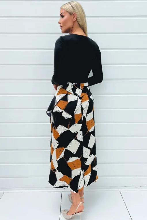 Multi Geometric Print 2 in 1 Long Sleeve Double Frill Split Midi Dress