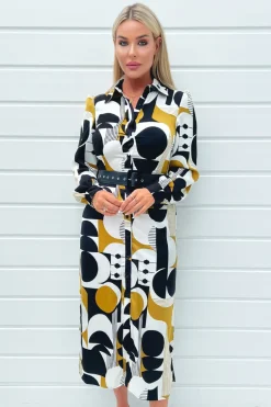 Multi Geometric Print Button Front Belted Shirt Midi Dress