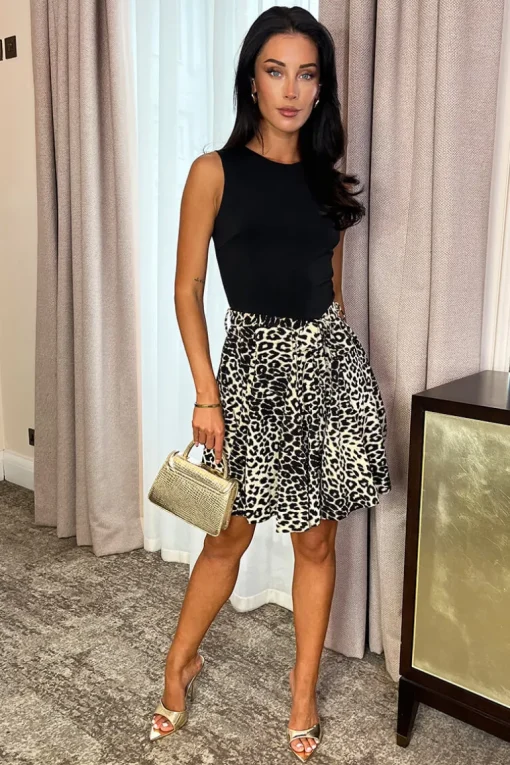 Multi Leopard Print 2 in 1 Belted Mini Skater Dress
