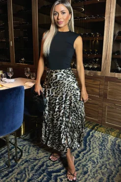 Multi Leopard Print 2 In 1 Double Frill Split Midi Dress