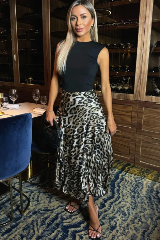 Multi Leopard Print 2 In 1 Double Frill Split Midi Dress