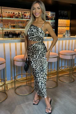 Multi Leopard Print Asymmetric Cut Out Midi Dress