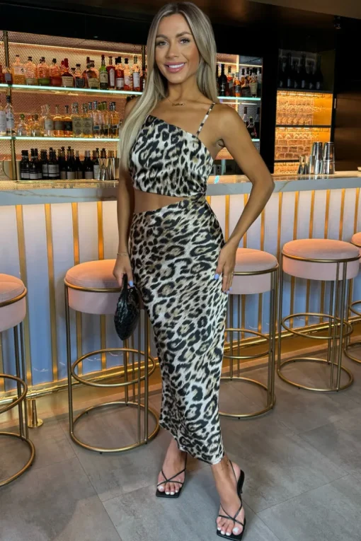 Multi Leopard Print Asymmetric Cut Out Midi Dress
