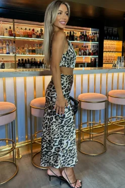 Multi Leopard Print Asymmetric Cut Out Midi Dress
