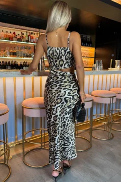 Multi Leopard Print Asymmetric Cut Out Midi Dress