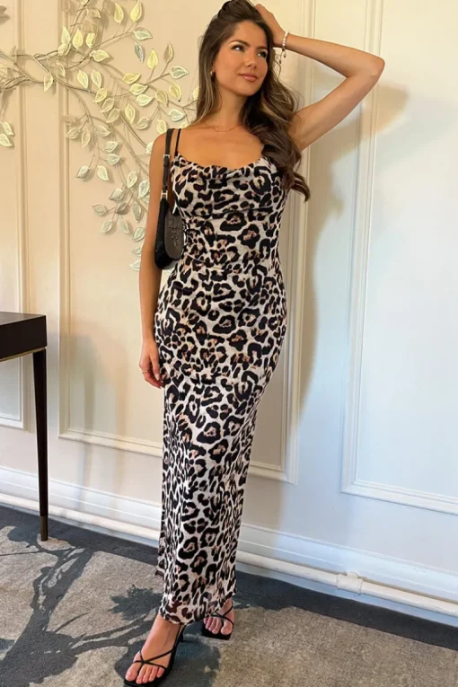 Multi Leopard Print Mesh Cowl Neck Slip Midi Dress