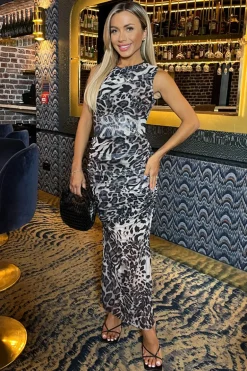 Multi Leopard Print Mesh Sleeveless Ruched Side Split Midi Dress