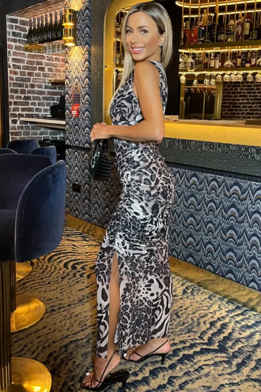 Multi Leopard Print Mesh Sleeveless Ruched Side Split Midi Dress