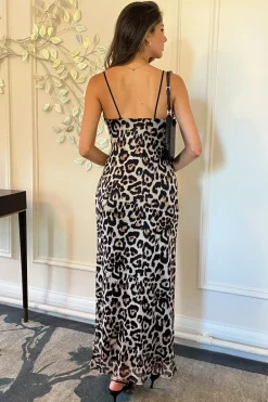 Multi Leopard Print Mesh Cowl Neck Slip Midi Dress