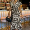 Multi Leopard Print Short Sleeve Belted Wrap Midi Dress