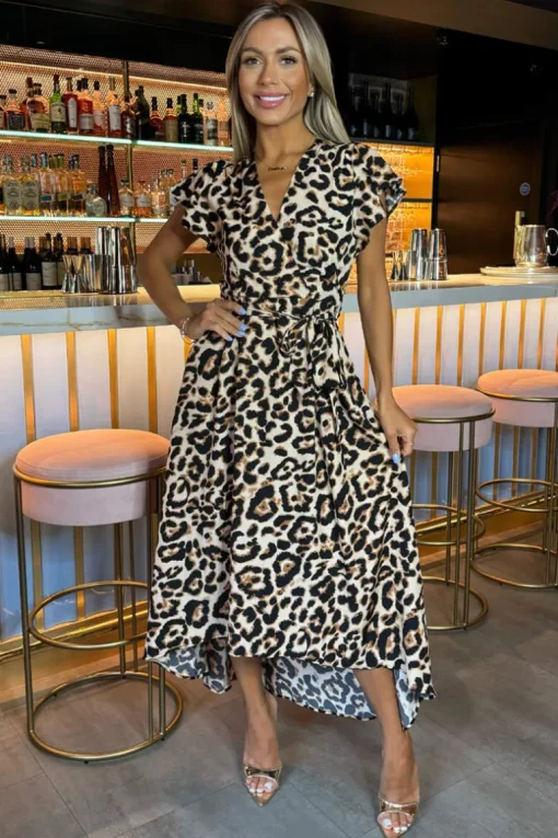 Multi Leopard Print Short Sleeve Belted Wrap Midi Dress
