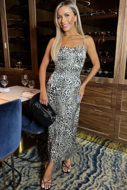 Multi Leopard Print Strappy Satin Slip Midi Dress