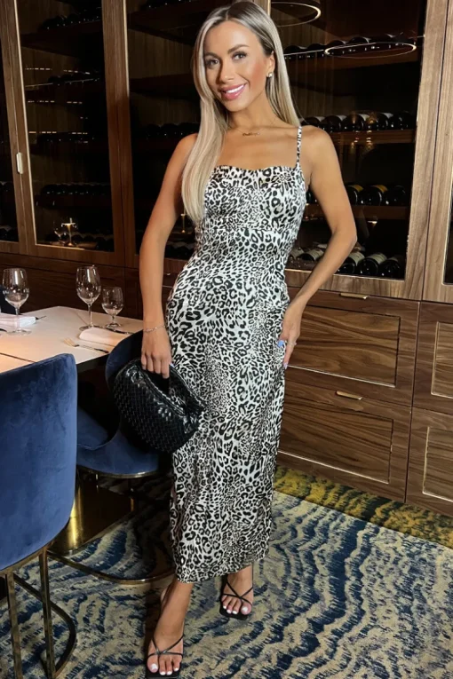 Multi Leopard Print Strappy Satin Slip Midi Dress