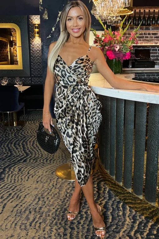 Multi Leopard Print Strappy Wrap Top Gathered Skirt Midi Dress