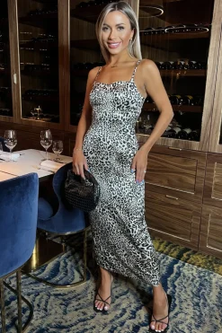 Multi Leopard Print Strappy Satin Slip Midi Dress