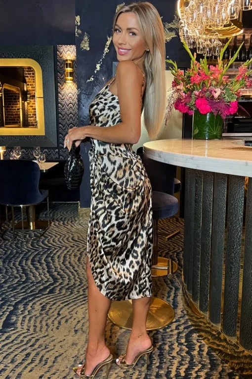 Multi Leopard Print Strappy Wrap Top Gathered Skirt Midi Dress