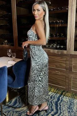 Multi Leopard Print Strappy Satin Slip Midi Dress