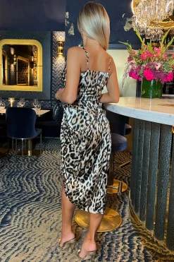 Multi Leopard Print Strappy Wrap Top Gathered Skirt Midi Dress