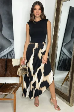 Multi Marble Print 2 In 1 Asymmetric Hem Pleated Midi Dress