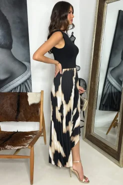 Multi Marble Print 2 In 1 Asymmetric Hem Pleated Midi Dress