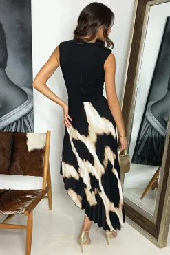 Multi Marble Print 2 In 1 Asymmetric Hem Pleated Midi Dress