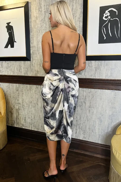 Multi Marble Print 2 In 1 Strappy Cowl Neck Gathered Skirt Midi Dress