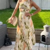 Multi Marble Print One Shoulder Pleated Satin Midi Dress