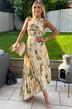 Multi Marble Print One Shoulder Pleated Satin Midi Dress