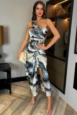 Multi Marble Print One Shoulder Knot Skirt Satin Midi Dress